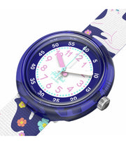 Dettaglio del cinturino tessile multicolore in PET riciclato Flik Flak Fancy Cat.