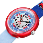Load image into Gallery viewer, Dettaglio del cinturino tessile azzurro/blu in PET riciclato Flik Flak Firetruck.

