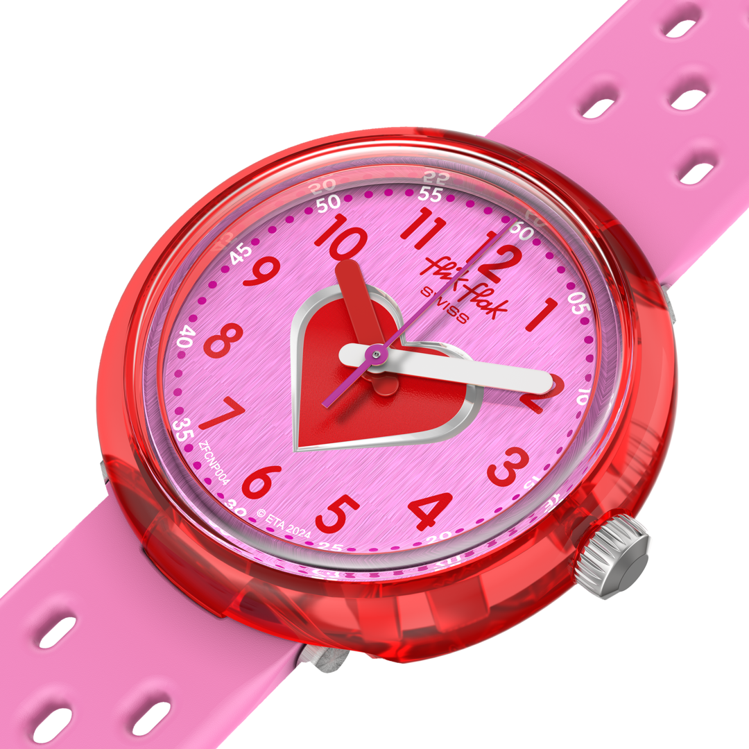 Dettaglio del cinturino in silicone rosa bucherellato Flik Flak Fizz in Pink.