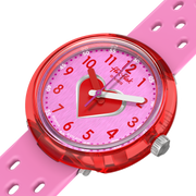 Dettaglio del cinturino in silicone rosa bucherellato Flik Flak Fizz in Pink.