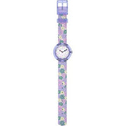 Dettaglio del cinturino tessile multicolore in PET riciclato Flik Flak Flower Fields.