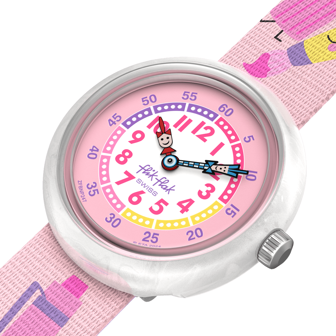 Dettaglio cinturino tessile multicolore dell’orologio Flik Flak In My Bag FBNP247, comodo e regolabile per bambini.