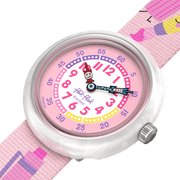 Dettaglio cinturino tessile multicolore dell’orologio Flik Flak In My Bag FBNP247, comodo e regolabile per bambini.