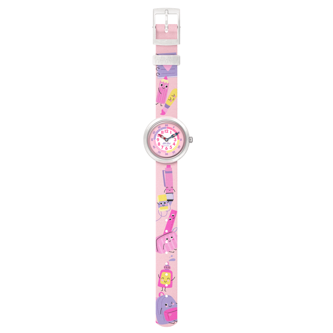 Vista frontale dell’orologio Flik Flak In My Bag FBNP247 con lancette colorate per una facile lettura dell’ora.