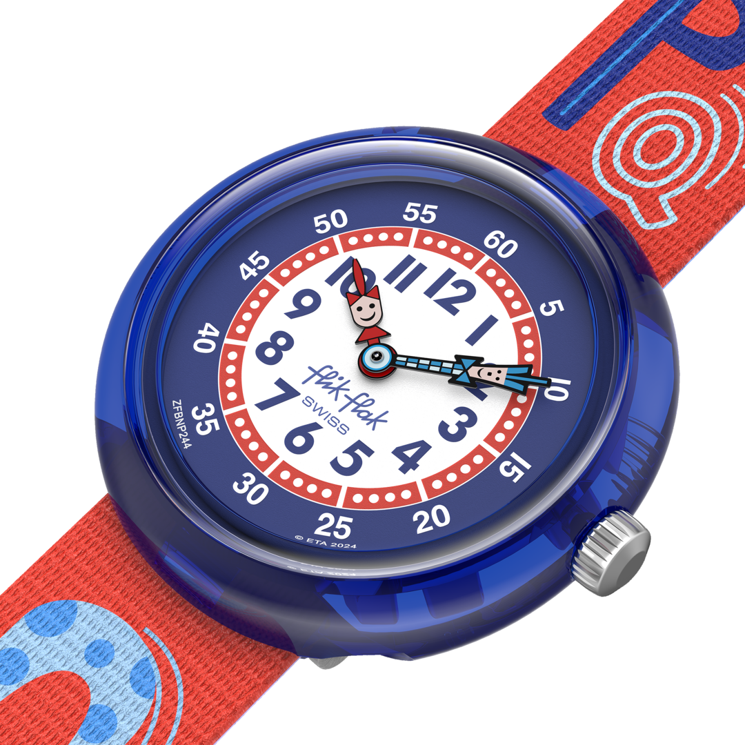 Dettaglio cinturino tessile multicolore con fibbia regolabile blu dell’orologio Flik Flak Know Your ABC FBNP244, comodo e sicuro per bambini.