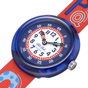 Dettaglio cinturino tessile multicolore con fibbia regolabile blu dell’orologio Flik Flak Know Your ABC FBNP244, comodo e sicuro per bambini.
