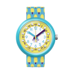 Load image into Gallery viewer, Dettaglio del cinturino grigio stampato con cubetti di ghiaccio gialli Flik Flak Lemon Freeze.
