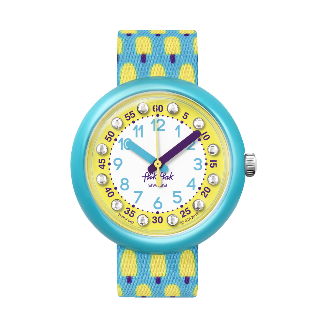 Dettaglio del cinturino grigio stampato con cubetti di ghiaccio gialli Flik Flak Lemon Freeze.
