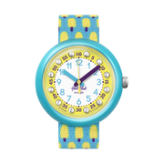 Dettaglio del cinturino grigio stampato con cubetti di ghiaccio gialli Flik Flak Lemon Freeze.