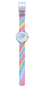 Load image into Gallery viewer, Dettaglio del cinturino tessile multicolore in PET riciclato Flik Flak Liquid Rainbow.


