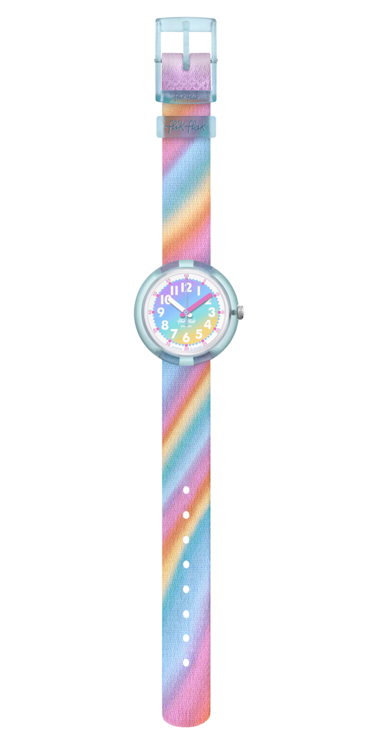 Dettaglio del cinturino tessile multicolore in PET riciclato Flik Flak Liquid Rainbow.

