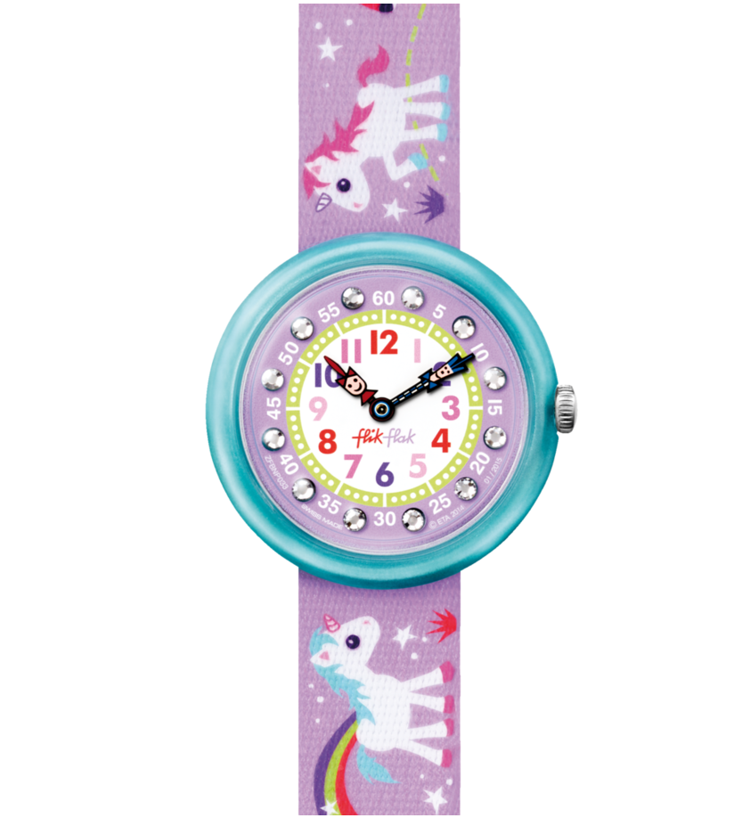 Primo piano del quadrante con pietre simili a cristalli e lancette colorate Flik Flak Magical Unicorns