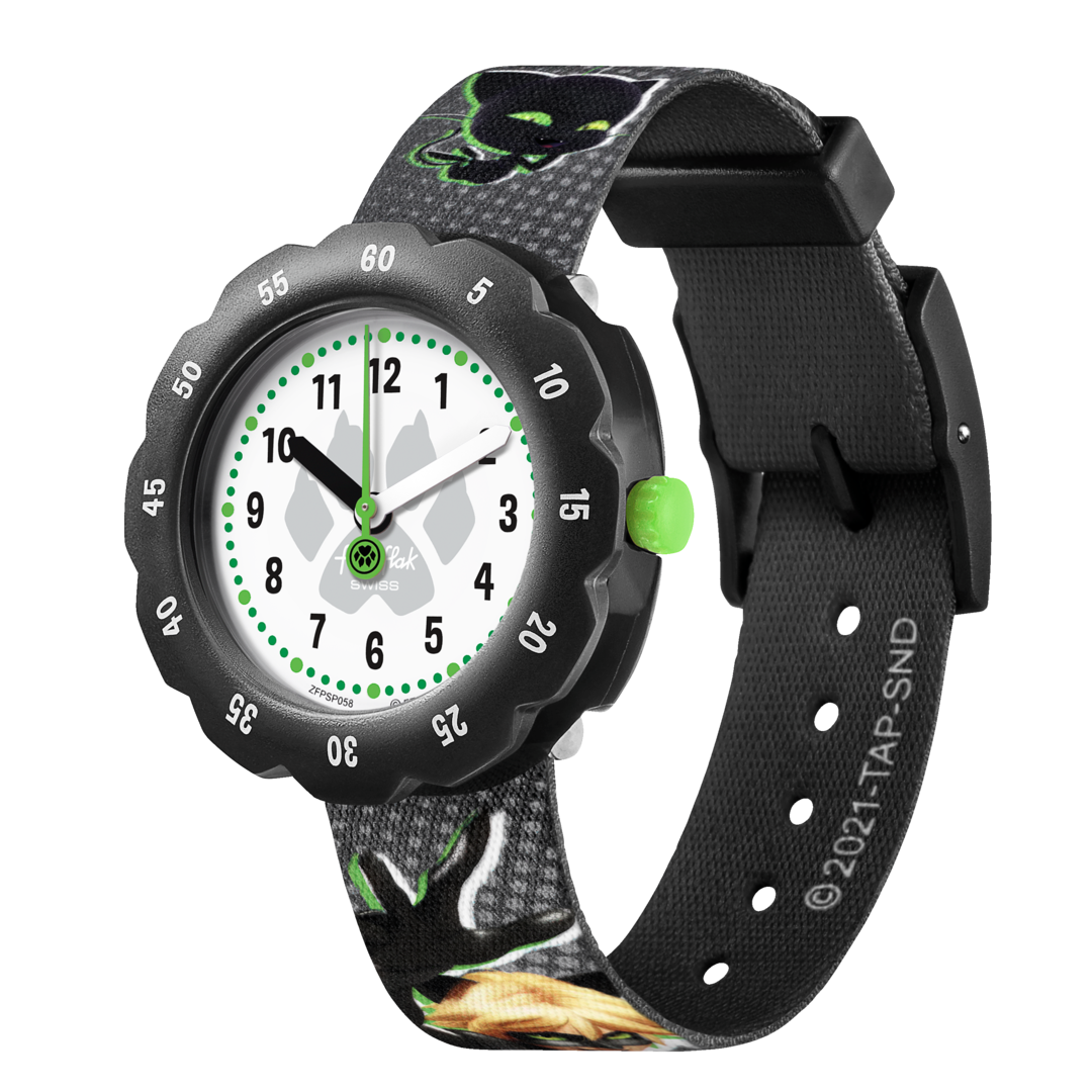 Orologio Flik Flak Miraculous Cat Noir FPSP058 con cassa nera e cinturino tessile verde.