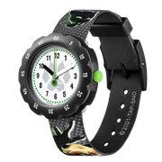 Orologio Flik Flak Miraculous Cat Noir FPSP058 con cassa nera e cinturino tessile verde.