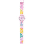 Load image into Gallery viewer, Vista laterale della cassa rosa e fibbia rosa dell’orologio Flik Flak Pastel Paradise
