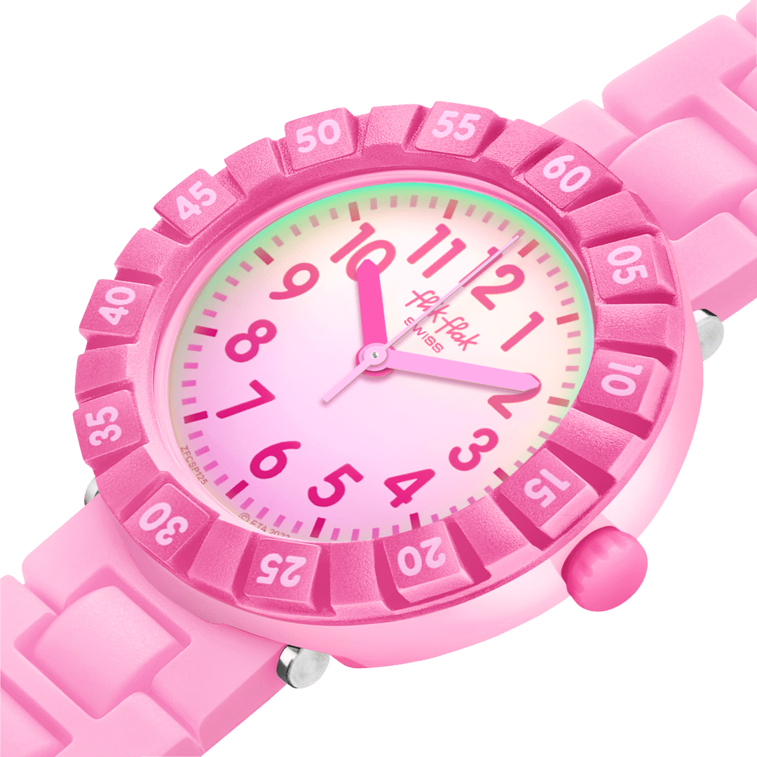 Dettaglio del cinturino in silicone rosa del Flik Flak Pink Splash.