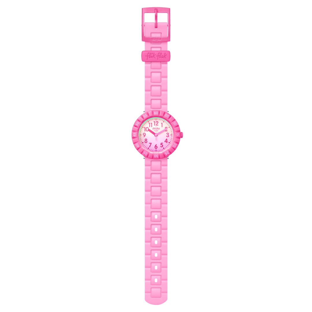 Dettaglio del cinturino in silicone rosa del Flik Flak Pink Splash.