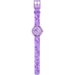 Load image into Gallery viewer, Dettaglio del cinturino tessile viola in PET riciclato dell’orologio Flik Flak Purple Prism.
