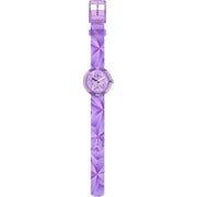 Dettaglio del cinturino tessile viola in PET riciclato dell’orologio Flik Flak Purple Prism.