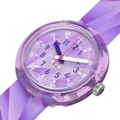 Vista laterale della cassa rotonda viola e fibbia viola dell’orologio Flik Flak Purple Prism.