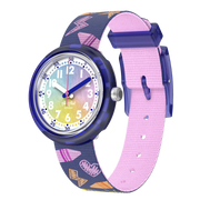 Orologio Flik Flak Rainbow Crayons modello FPNP173 con cassa blu in plastica e quadrante multicolore con lancette bianche, blu e rosa.