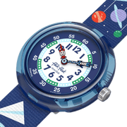 Dettaglio cinturino tessile multicolore con fibbia verde regolabile dell’orologio Flik Flak School Stuff FBNP245, comodo e sicuro per bambini.