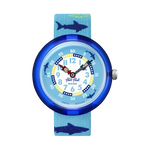 Load image into Gallery viewer, Orologio Flik Flak Sharkasm FBNP157 con motivo squali e cinturino tessile azzurro mare.
