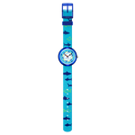 Load image into Gallery viewer, Dettaglio del cinturino azzurro mare in tessuto con stampa squali.
