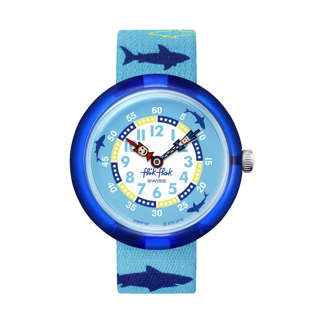 Orologio Flik Flak Sharkasm FBNP157 con motivo squali e cinturino tessile azzurro mare.