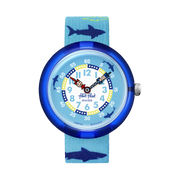 Orologio Flik Flak Sharkasm FBNP157 con motivo squali e cinturino tessile azzurro mare.