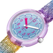 Dettaglio del cinturino tessile multicolore glitterato Flik Flak Shine in Rainbow.