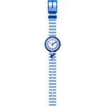 Load image into Gallery viewer, Dettaglio del cinturino tessile azzurro/blu in PET riciclato Flik Flak Shining Dolphin.
