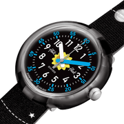 Dettaglio del cinturino nero in PET riciclato con motivi spaziali Flik Flak Solar System