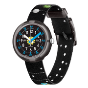 Orologio Flik Flak Solar System FPNP097 con quadrante nero e pianeti colorati.