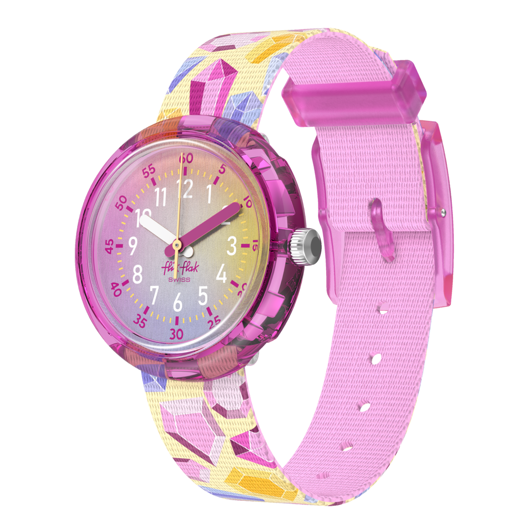 Orologio Flik Flak Sparkling Gemstones FPNP155 con quadrante rosa e cinturino tessile multicolore.