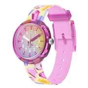 Orologio Flik Flak Sparkling Gemstones FPNP155 con quadrante rosa e cinturino tessile multicolore.