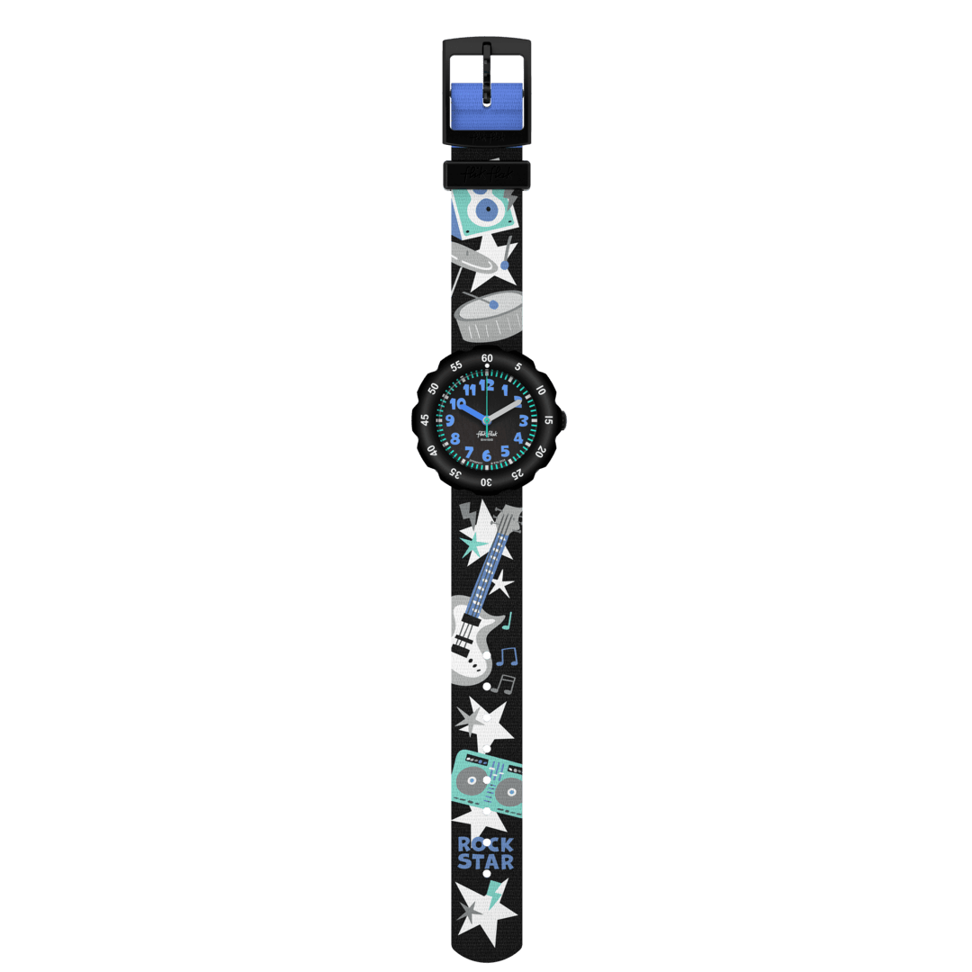 Vista frontale dell’orologio Flik Flak Stage Star FPSP077 con lancette colorate per facilitare la lettura dell’ora.