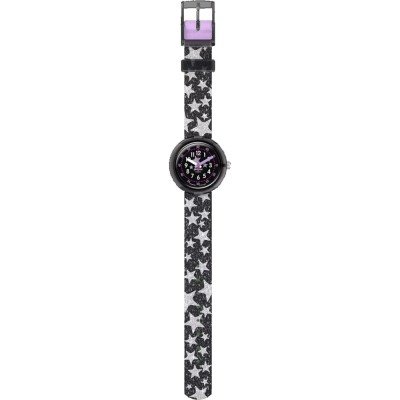 Dettaglio del cinturino tessile in PET riciclato effetto glitter fantasia Flik Flak Starry Night.