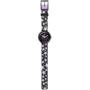 Dettaglio del cinturino tessile in PET riciclato effetto glitter fantasia Flik Flak Starry Night.