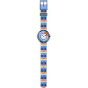 Dettaglio del cinturino tessile multicolore in PET riciclato Flik Flak Stripy Stripes.