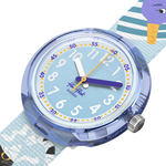 Load image into Gallery viewer, Dettaglio del cinturino tessile blu in PET riciclato Flik Flak Tutan Time.
