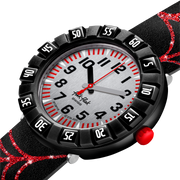 Dettaglio del cinturino nero in silicone lucido del Flik Flak Webaxus.