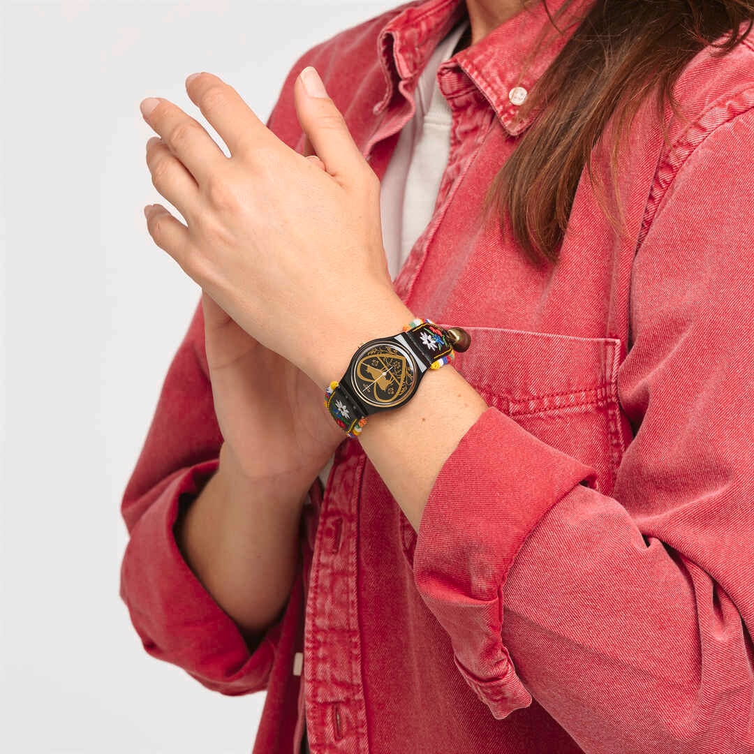 Swatch Die glocke GB285 - cassa in polimero nero - cinturino cuoio nero - quadrante nero con cuore e mucca oro