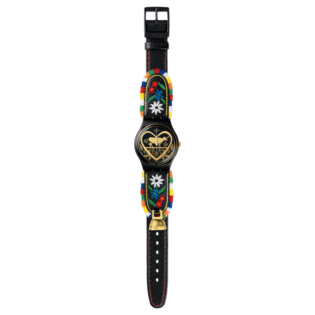 Swatch Die glocke GB285 - cassa in polimero nero - cinturino cuoio nero - quadrante nero con cuore e mucca oro