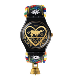 Load image into Gallery viewer, Swatch Die glocke GB285 - cassa in polimero nero - cinturino cuoio nero - quadrante nero con cuore e mucca oro