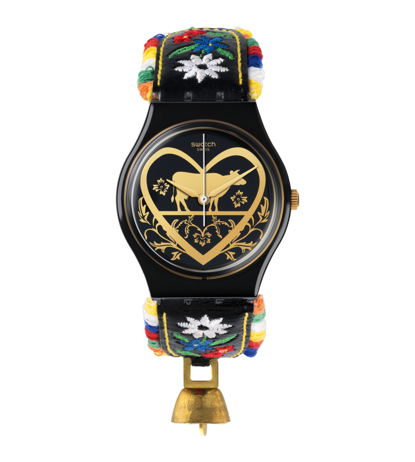 Swatch Die glocke GB285 - cassa in polimero nero - cinturino cuoio nero - quadrante nero con cuore e mucca oro