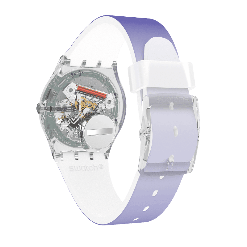 Swatch Ultralavande SGE718 - Ferrari Luca Gioielli - cassa trasparente in plastica - cinturino silicone viola - quadrante sfumato con datario