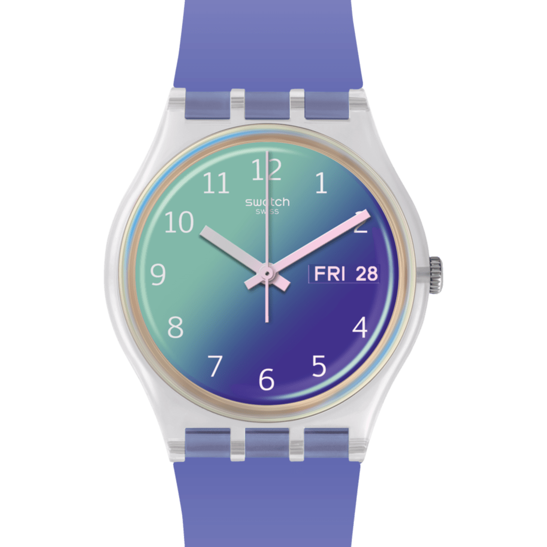 Swatch Ultralavande SGE718 - Ferrari Luca Gioielli - cassa trasparente in plastica - cinturino silicone viola - quadrante sfumato con datario