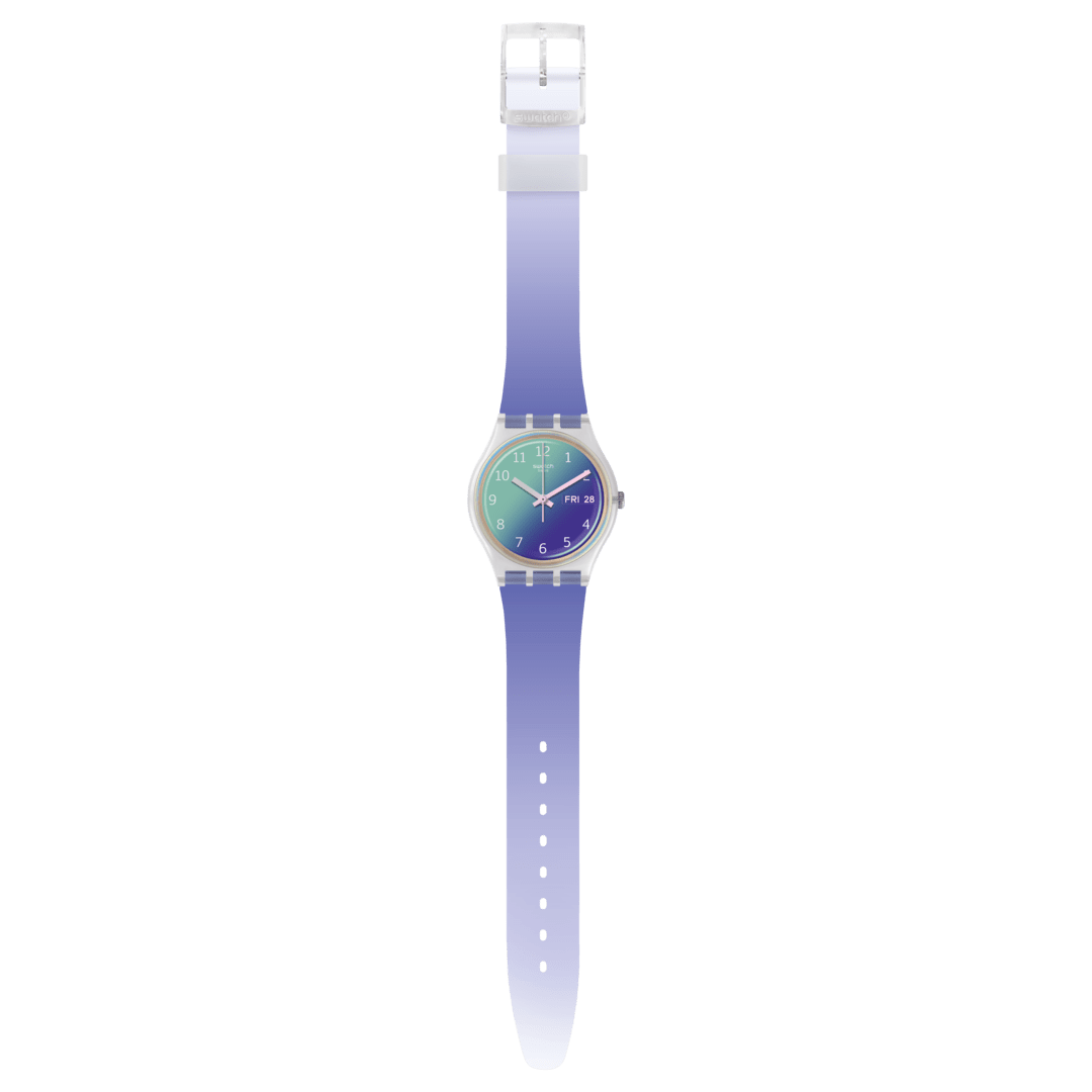 Swatch Ultralavande SGE718 - Ferrari Luca Gioielli - cassa trasparente in plastica - cinturino silicone viola - quadrante sfumato con datario