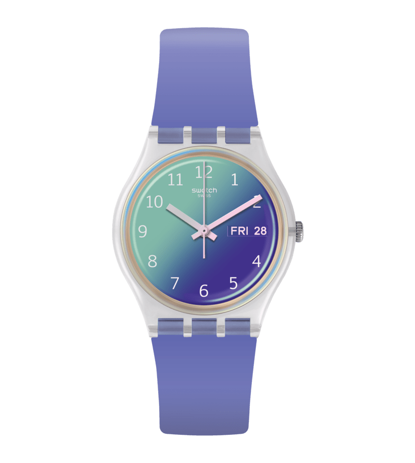 Swatch Ultralavande SGE718 - Ferrari Luca Gioielli - cassa trasparente in plastica - cinturino silicone viola - quadrante sfumato con datario